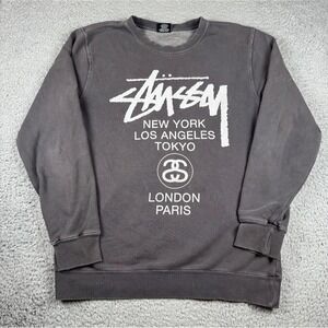 Stussy World Tour Crewneck Sweater Gray Men's Size Small Y2K